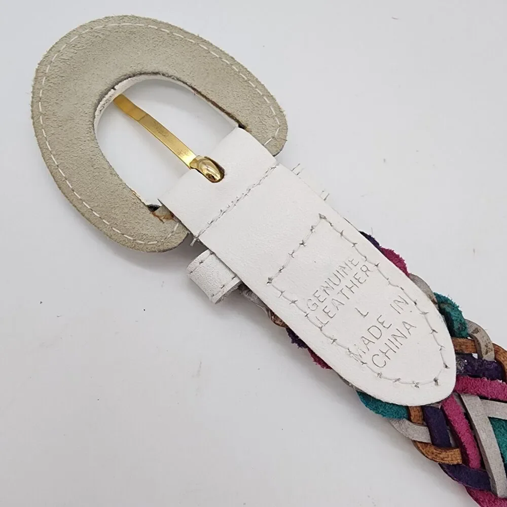 Womens Vintage Y2K Rainbow Braided Leather Belt Size L White Buckle Colorful 90s